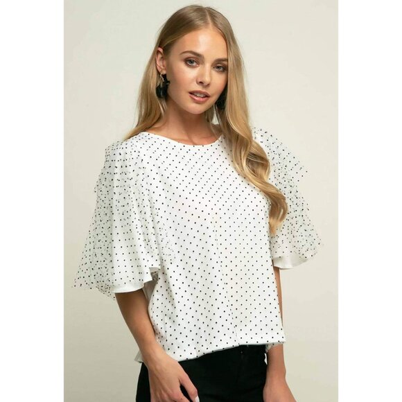 Eva Franco White Mesh White Polka Dot Top with Flutter Dramatic Sleeves NWT